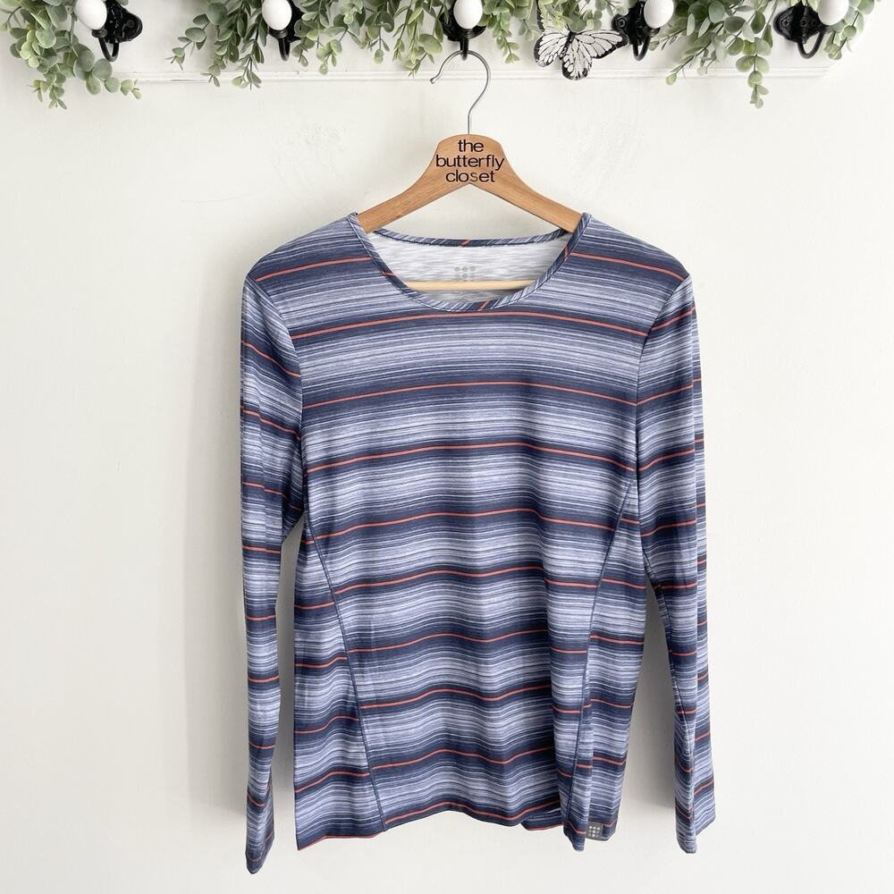 Title Nine Blue And Orange Striped Fitted Breathable Long Sleeve Top Size S SS-5